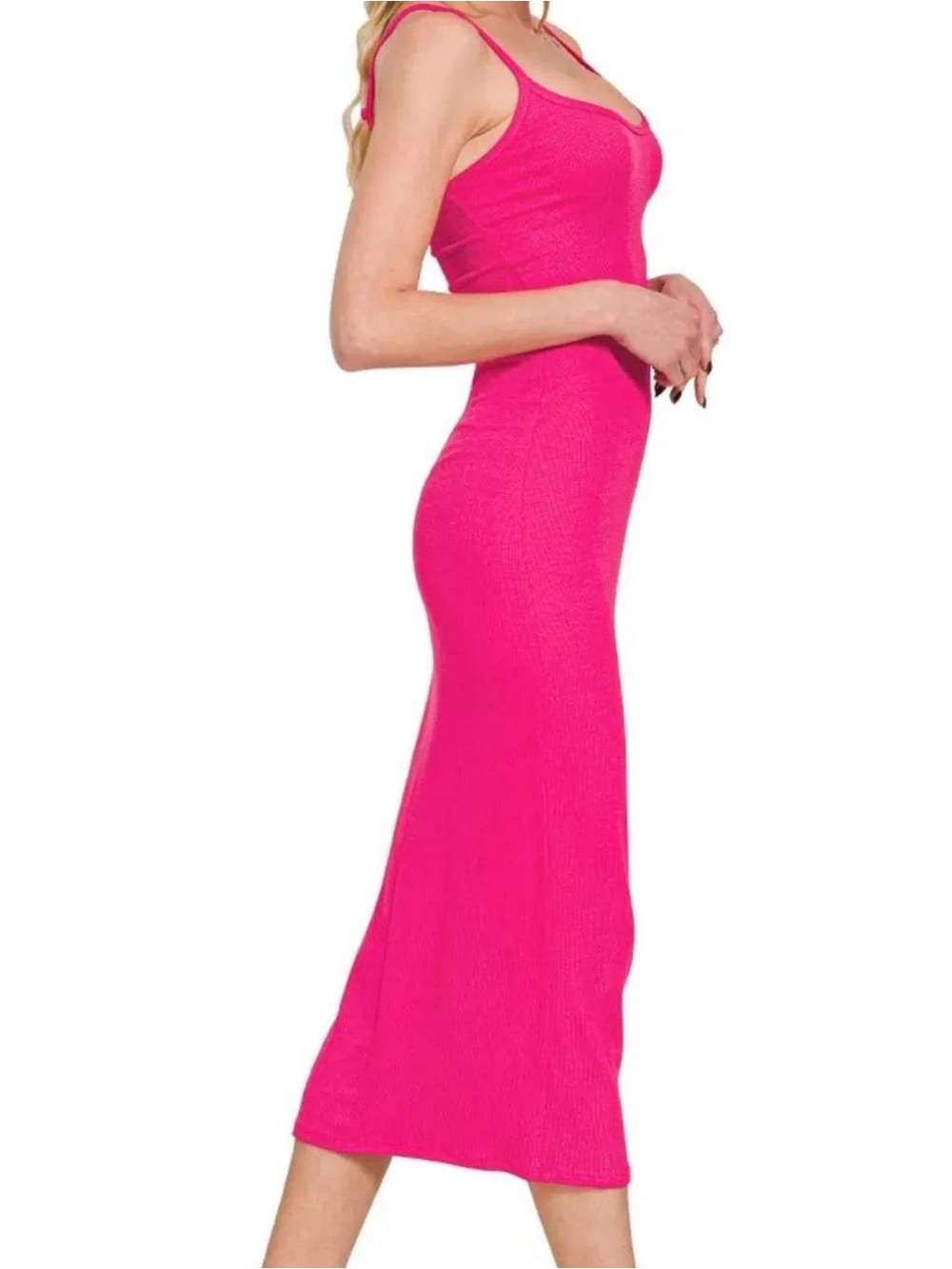 Zenana 💖 Ribbed Bodycon Midi Dress Hot Pink Small, Medium, Large - Picture 2 of 5